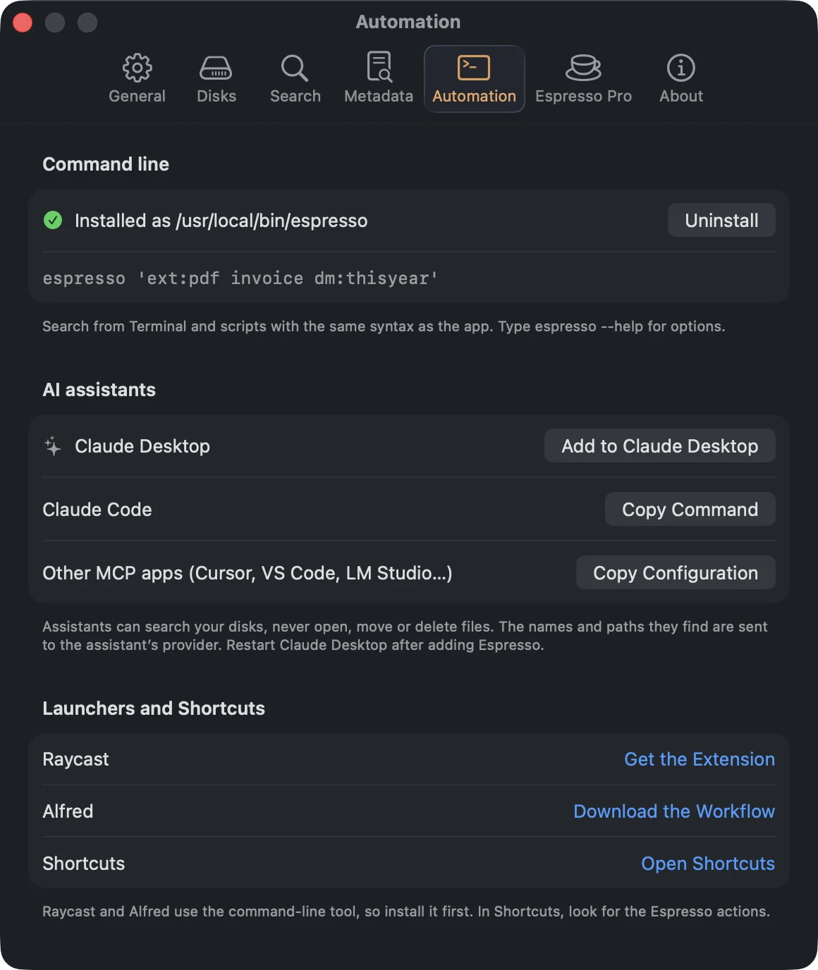 Espresso Settings, Automation tab: command line installed, Claude Desktop, Claude Code, Raycast, Alfred and Shortcuts.