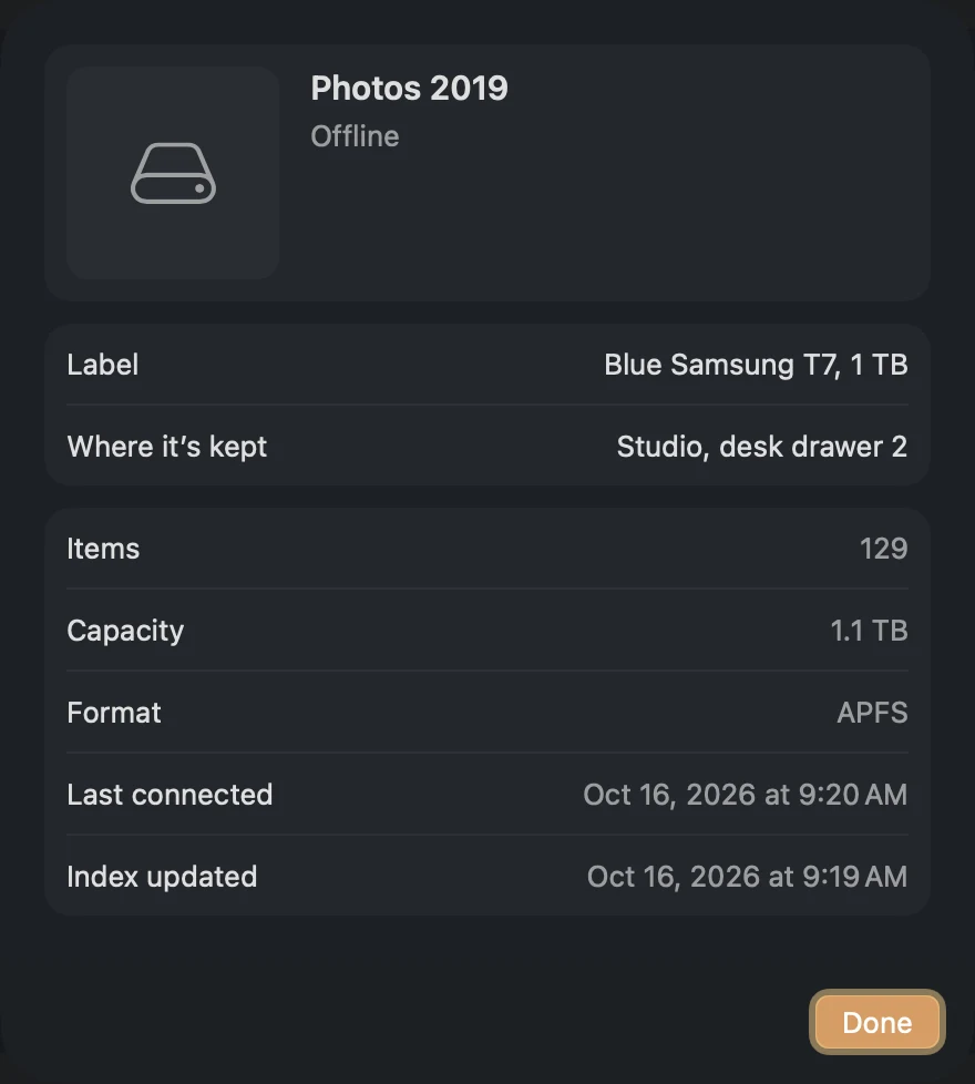 Disk Info for Photos 2019: offline, kept in Studio, desk drawer 2, 129 items, 1.1 TB, APFS, last connected and index dates.