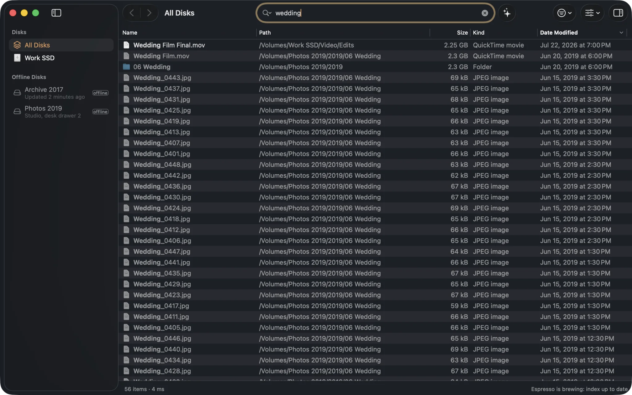 Searching “wedding” finds photos and films on Photos 2019 and Archive 2017, both listed under Offline Disks.