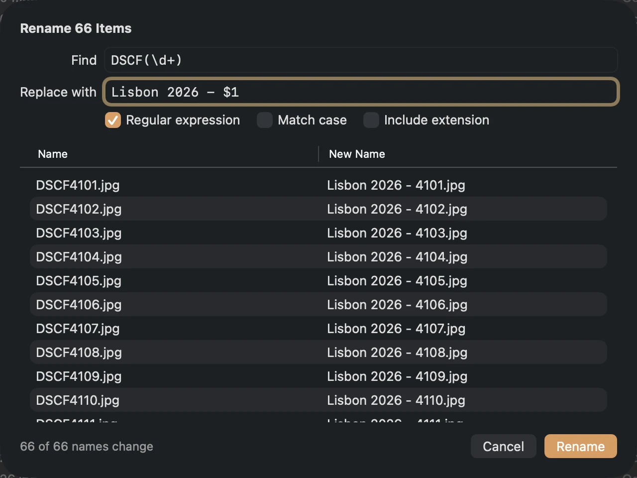 The Rename 66 Items sheet: find DSCF(\d+), replace with “Lisbon 2026 - $1”, every new name previewed.