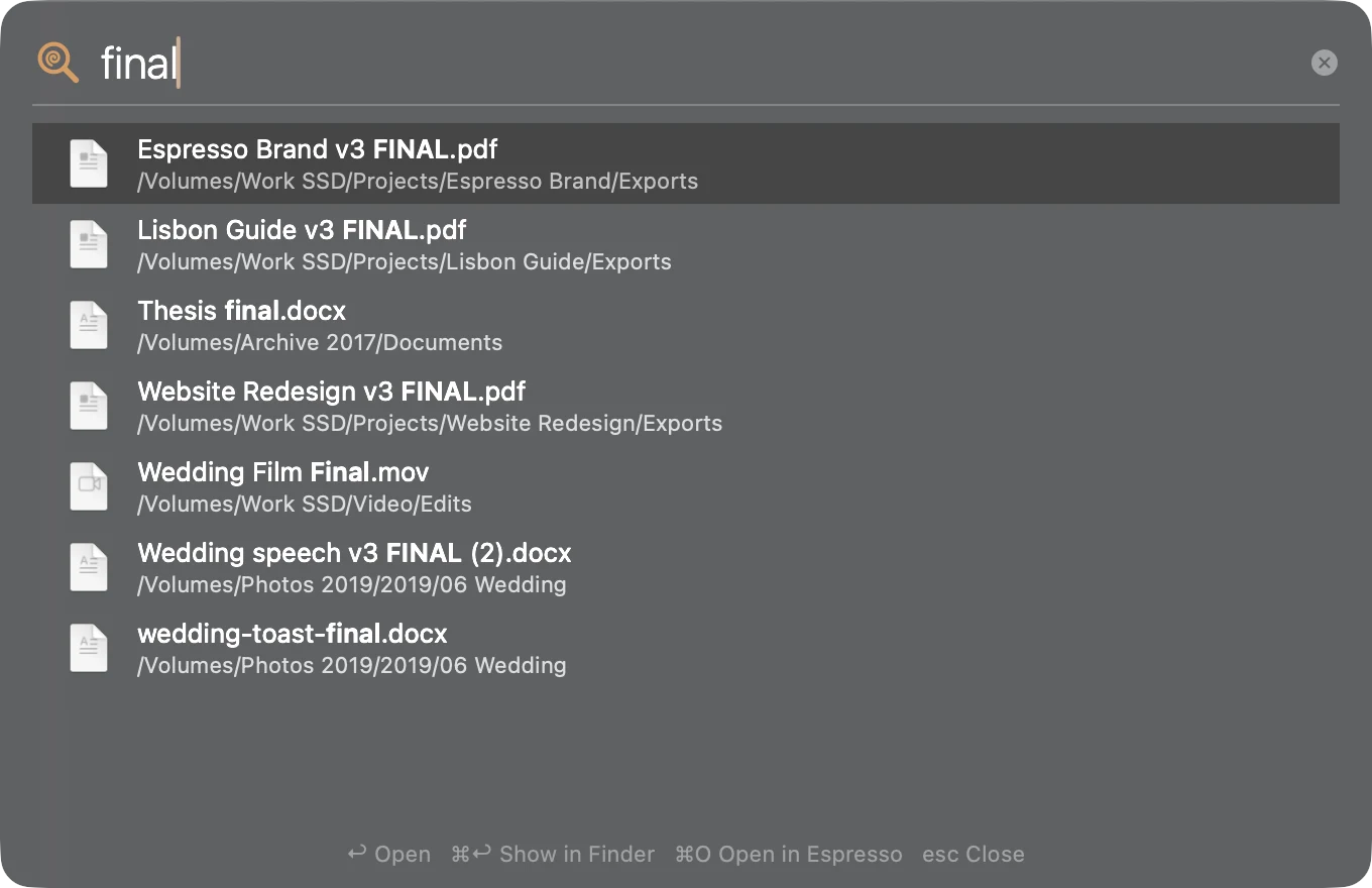 The Shot panel searching “final”: Espresso Brand v3 FINAL.pdf, Lisbon Guide v3 FINAL.pdf, Thesis final.docx and four more.