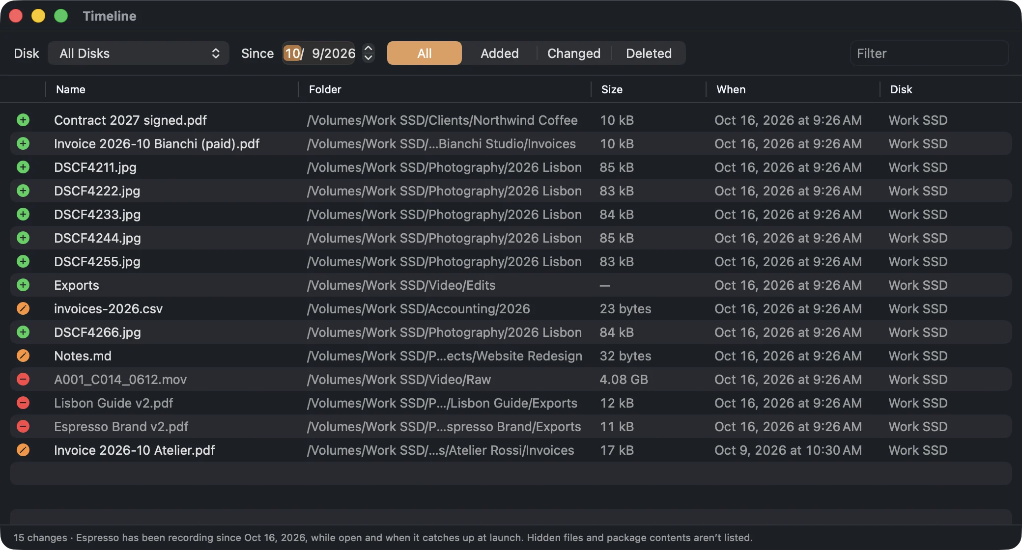 Espresso’s Timeline window listing added, changed and deleted files on Work SSD.